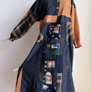 土佐紬、古布、藍染、絣、紬、更紗●パッチワーク ロングワンピース●着物リメイク