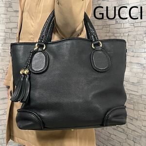 『極美品』GUCCI グッチ マラケシュ トートバッグ ハンド ビジネス フリンジ ゴールド金具 ブラック 黒 レザー 鞄 レディース メンズ A4可