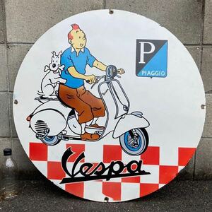 【1円〜 大型看板 76cm】 ビンテージ Vespa ベスパ PIAGGIO スクーター タンタンの冒険 ホーロー看板 世田谷ベース ガレージ アメリカ 雑貨