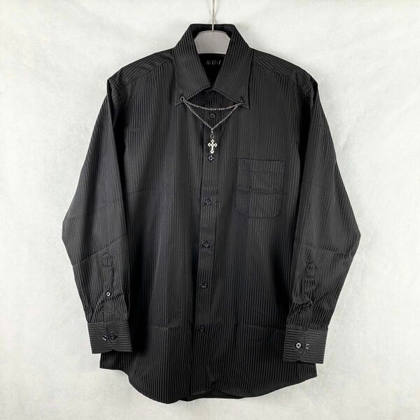 【新品】Lサイズ　黒　ストライプ　ワイシャツ　ブローチ　メンズ　長袖　41-84 シャツ 長袖シャツ 長袖