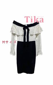 【 Tika 】 ドレス ワンピース キャバドレス リボン ホワイトレース ブラック ホワイト