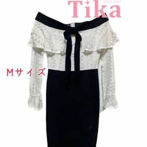 【 Tika 】 ドレス ワンピース キャバドレス リボン ホワイトレース ブラック ホワイト