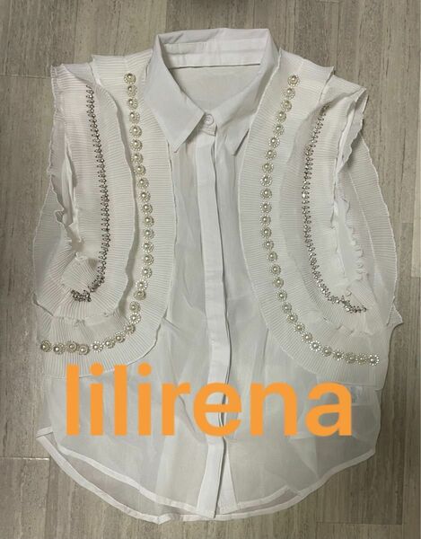 lilirena ビジュー パール付 シャツ リリレナ シースルー　ブラウス