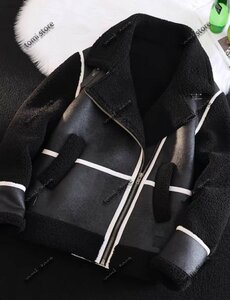 最高級 ムートンコート ブルゾン 羊革 毛皮 ファーコート ライトジャケット 配色 シープスキン ラムレザー ブラック L