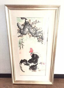 Art hand Auction ★Direct pick-up is welcome★ Painting, ink painting, ink color painting, large size, pair of chickens, picture frame, luxurious feel, height 121.5cm, art Chinese, artwork, painting, Ink painting