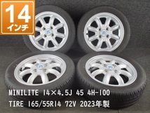 □ ダイハツ純正 MINILITE ミニライト 14×4.5J 45 4H-100 14インチアルミホイール タイヤ付 【 Y10-4 】_画像1