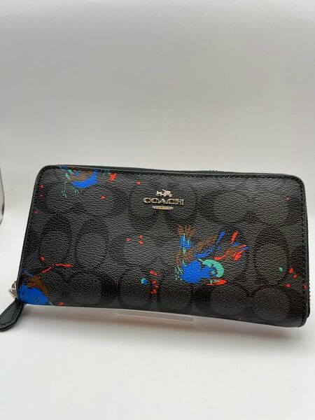 【美品】コーチ ラウンドファスナー F23400 バードシグネチャー レザー COACH 長財布