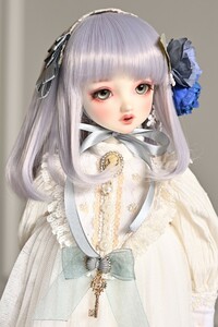 MDD　 DD　SD　ウィッグ　８－９インチ　 アレンジウィッグ　 パープル　ライラック　ボブ　カチューシャ　髪飾り　リボン　