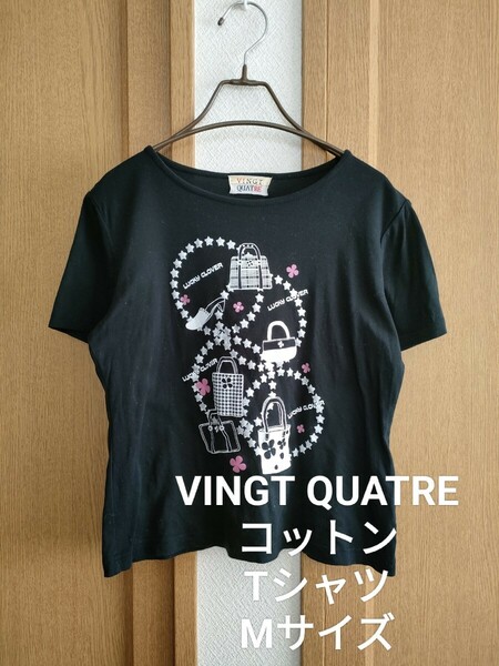 VINGT QUATRE ビジュー プリント コットン 半袖 Tシャツ ブラック M