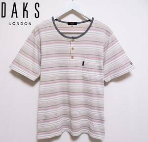 美品 DAKS LONDON ダックス ヘンリーネックTシャツ 鹿の子 半袖 ボーダートップス メンズウエア 胸ポケット 紳士 Mサイズ 春夏物