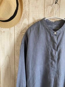 無印良品　バンドカラーのリネンブラウス　ボリューム袖シャツ　麻ブラウス　ゆったりサイズ