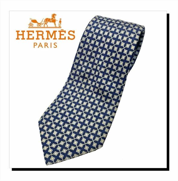 美品　HERMES/エルメス シルクネクタイ　ブルー　ネイビー