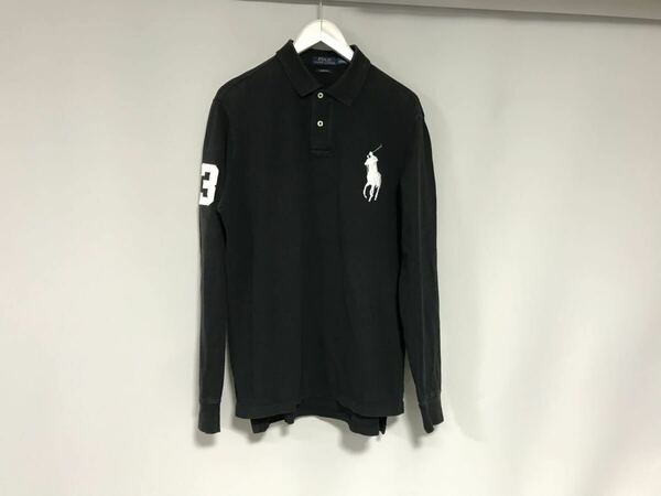 本物ポロラルフローレンPOLO RALPHLAURENコットンビッグポニー刺繍長袖ポロシャツメンズサーフアメカジミリタリーワークゴルフL黒ブラック