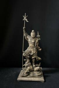 珍品　井波彫刻　楠材　仏教工芸品　木彫仏像　最高級品　仏師手仕上げ品　毘沙門天立像