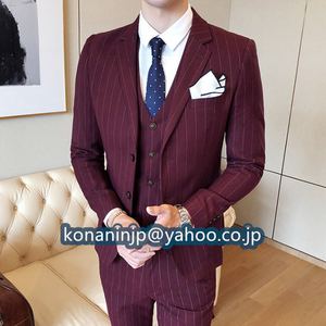  three-piece new goods suit set stripe pattern men's wedding 3 point set stylish two . button thin slim the smallest stretch red 2XL