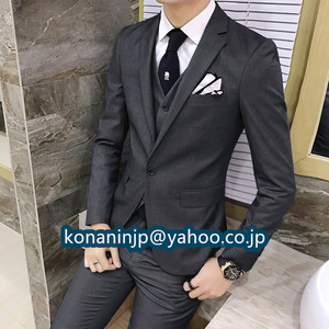  men's suit set three-piece wedding stylish thin slim 3 point set plain England manner one button finding employment dark gray XL