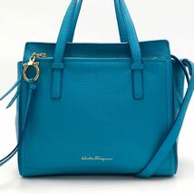 未使用に近いAランク salvatove ferragamo フェラガモ エイミー バッグ 2way 斜め掛け ショルダー付き ターコイズブルー_画像1