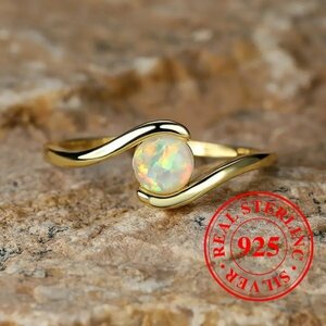 925スターリングシルバーのプロミスリング　オパールをインレイしたゴールデン　指輪サイズ13号（内直径17.0mm、内周53.4mm）