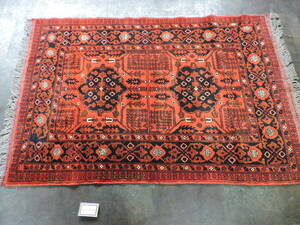 A020☆キリム　手織り　ラグ　絨毯　　サイズ156ｘ101　朱系　玄関マット　民族　民芸