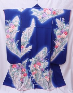 振袖 瑠璃色 牡丹柄 身丈156cm(+8cm) 裄丈64cm 青系 ブルー 成人式 結婚式 卒業式 和装 和服 着物 P04020