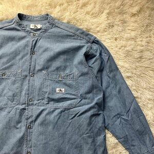 カルバンクライン ノーカラーシャツ 長袖 デニム ワンポイント ビッグサイズ　calvinklein jeans shirt