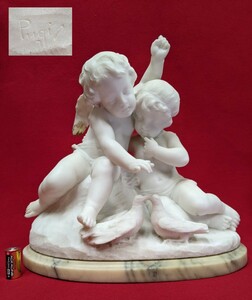 イタリア人彫刻家 「2人の天使と2匹の鳩」 大理石 guglielmo pugi 1850-1915 グリエルモ・プギ 天使 平和 愛 高44cm 幅43cm 奥24cm 重33kg