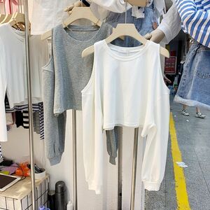 Tシャツ オフショルダー 肩出し 長袖 トップス 無地 シンプル プルオーバー ラウンド襟 レディース ホワイト