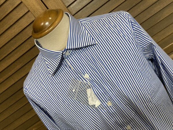 新品　フラルボ（伊）　ドレスシャツ４３青白ストライプ　ストレッチ素材　ハンドメイド　ワイド　５カ所手縫い　定価３．５万円