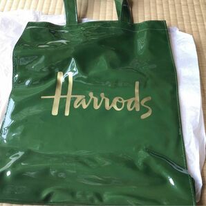 Harrodsハロッズ　ショッピングバッグ　PVC グリーン　ハロッズゴールドロゴ