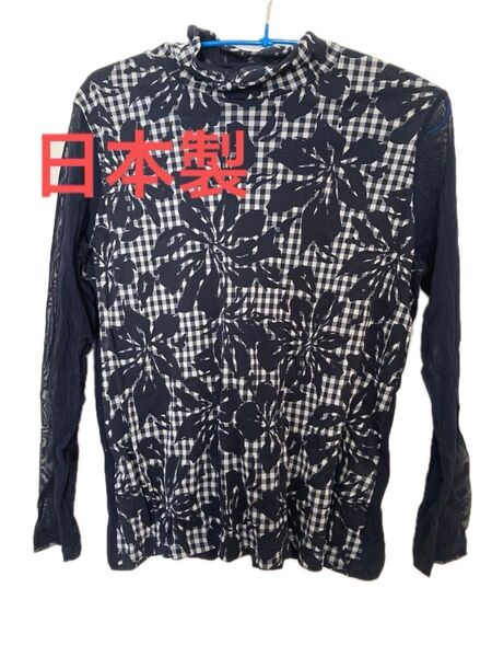美品 サイズL 婦人カットソー ブラウス長袖 袖シースルー 日本製