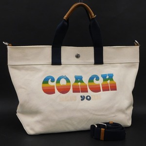 1円 ■ 美品 コーチ 2wayバッグ F72848 マルチカラー系 キャンバス 男女兼用 通勤 COACH ■E.Bmr.An-05