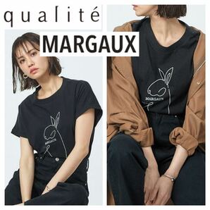 限定■qualite MARGAUX scape■USAGI 別注 Tシャツ F 黒 ブラック ウサギ ダブルカフス ビッグシルエット 定価7,590円