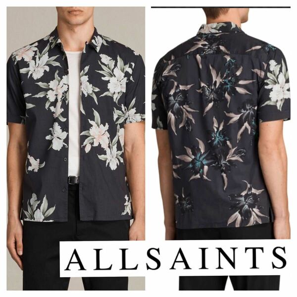 良品■オールセインツ■レイバック フローラル 花柄 オープンカラー アロハシャツ M ウオッシュドブラック LAYBACK Floral Print ALLSAINTS