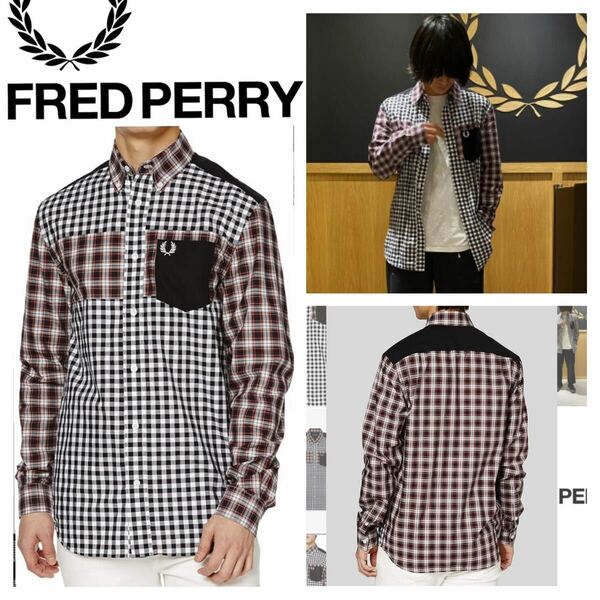 美品■FRED PERRY フレッドペリー■チェック パッチワーク BD シャツ S ブラック 赤 白 ギンガムチェック ボタンダウン 定価16500円