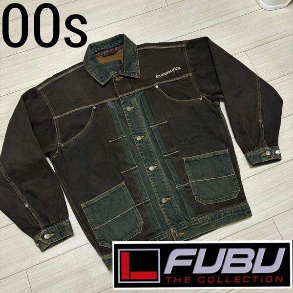 00s■PLATINUM FUBU■ヴィンテージ コンビ デニム ジャケット M ブラック インディゴブルー ビッグシルエット オーバーサイズ パッチワーク