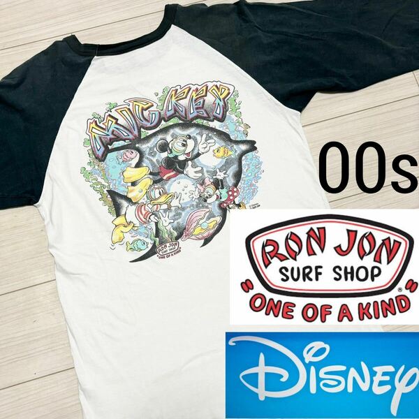 00s■RON JON DISNEY■コラボ ラグラン 七分袖 Tシャツ L 白 ホワイト グリーン MICKEY ロンジョン オフィシャル ヴィンテージ オールド