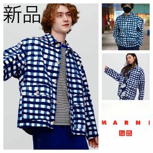 新品未■ユニクロ MARNI マルニ■オーバーサイズ ユーティリティ ジャケット M インディゴブルー チェック コラボ カバーオール 男女兼用