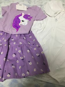 used女児服3枚★ユニクロエアリズムパーカー150ホワイト・GUキュロット150パープル花柄・H&MユニコーンTシャツ135-140女の子 