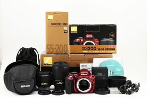 お値下げ！◆ショット数少◆ ニコン Nikon D3300 ボディ レッド + 18-55mm II + 55-250mm ダブルズームレンズキット ケース付 #4013