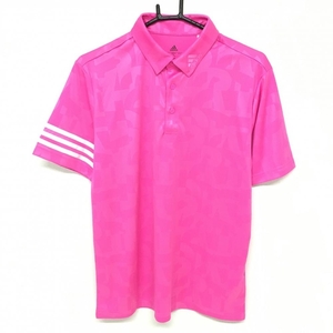 【超美品】アディダス 半袖ポロシャツ ピンク×白 地模様 総柄 袖3ライン メンズ L ゴルフウェア adidas