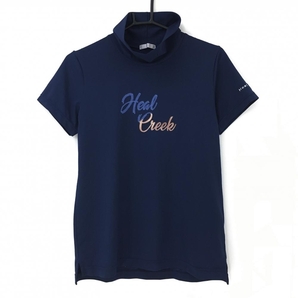 【美品】ヒールクリーク 半袖ハイネックシャツ ネイビー×ブルー 胸元ロゴ 織生地 レディース 42(L) ゴルフウェア Heal Creekの画像1