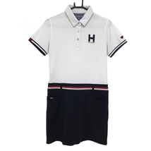 【美品】トミーヒルフィガー 半袖ポロワンピース 白×ネイビー ロゴプリント レディース L ゴルフウェア Tommy Hilfiger Golf_画像1