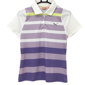 プーマ 半袖ポロシャツ 白×パープル ボーダー ロゴ刺しゅう レディース M ゴルフウェア PUMA
