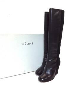 CELINE セリーヌ ロングブーツ ヒール シューズ レザー×スウェード ブラック 黒 37 (ma)