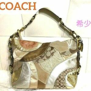 レア☆COACH コーチ 14005 パッチワーク カーリー バッグ ゴールド シグネチャー レザー 肩掛け ワンショルダー 