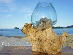 流木ガラス オブジェ3Lb バリ島 メダカ 金魚鉢 花瓶 アクアリウム テラリウム 吹きガラス 天然木土台 アジアン雑貨 アート バリ雑貨 展示品