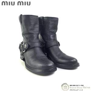  MiuMiu (MIUMIU) leather engineer Biker short boots shoes #38 1/2 black ( used )