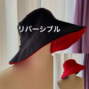 新品お値下げ　リバーシブルハット　赤＆黒　レディース帽子　ブラック＆レッド つば広ハット UVカット