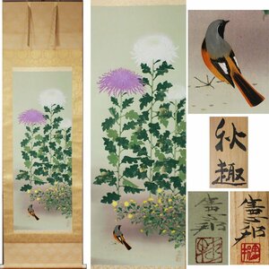 Art hand Auction Gen [Immediate decision, free shipping] Thick scroll, Norikuni Kawamura's Autumn scenery (Chrysanthemums and small birds) / Thick scroll, with box and double box, Painting, Japanese painting, Flowers and Birds, Wildlife