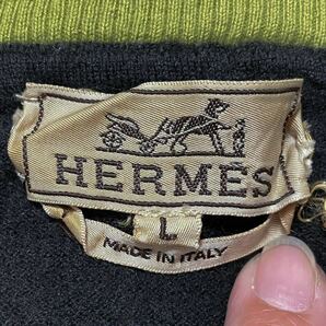 HERMES エルメス カシミヤ100% バイカラー レイヤードデザイン ハーフジップ ニット セーター レザー引手 ダークグレー ライム L メンズの画像9